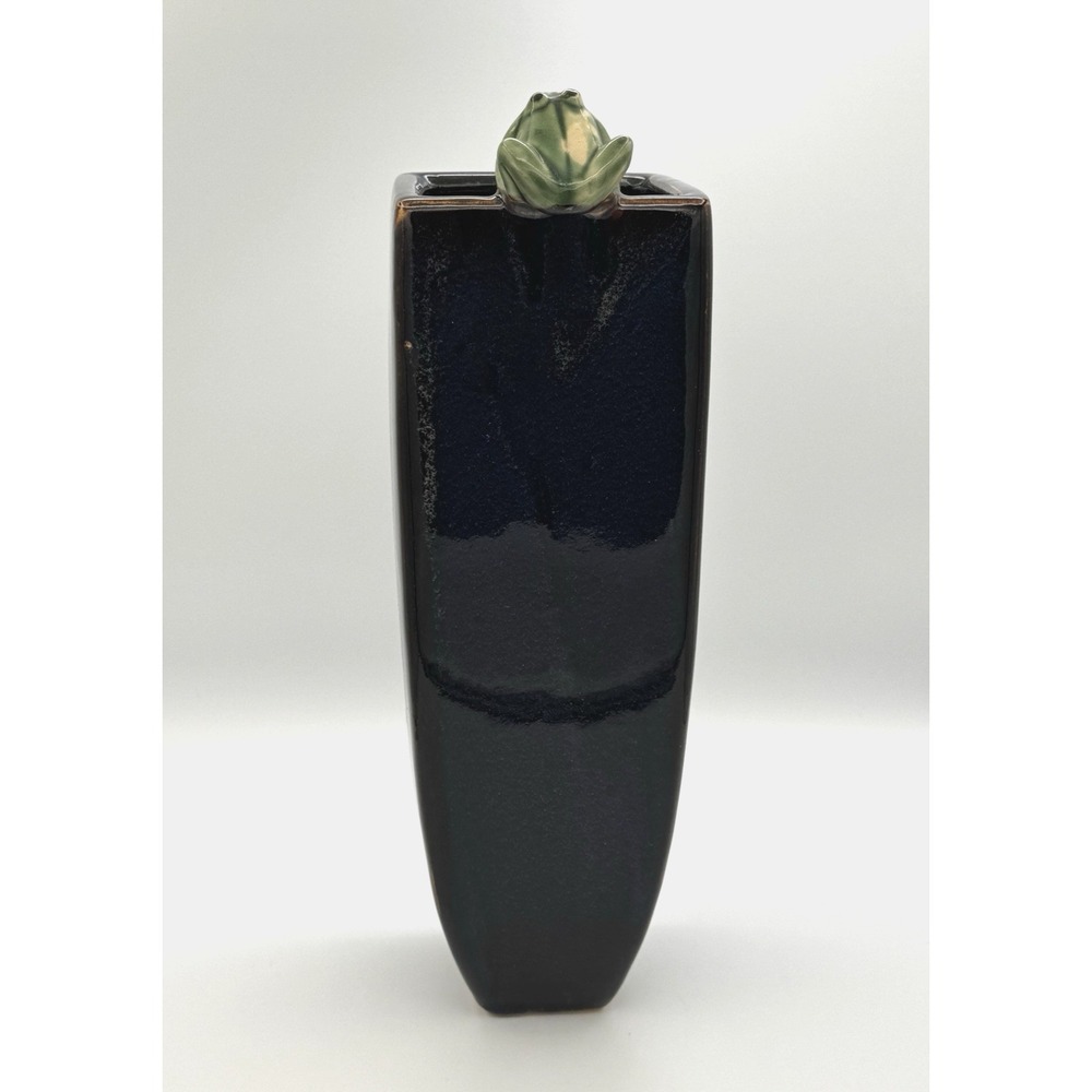 Tall Navy Blue Glazed Pottery Vase Frog Finial Modern Minimalist Decor 14" - Picture 3 of 9